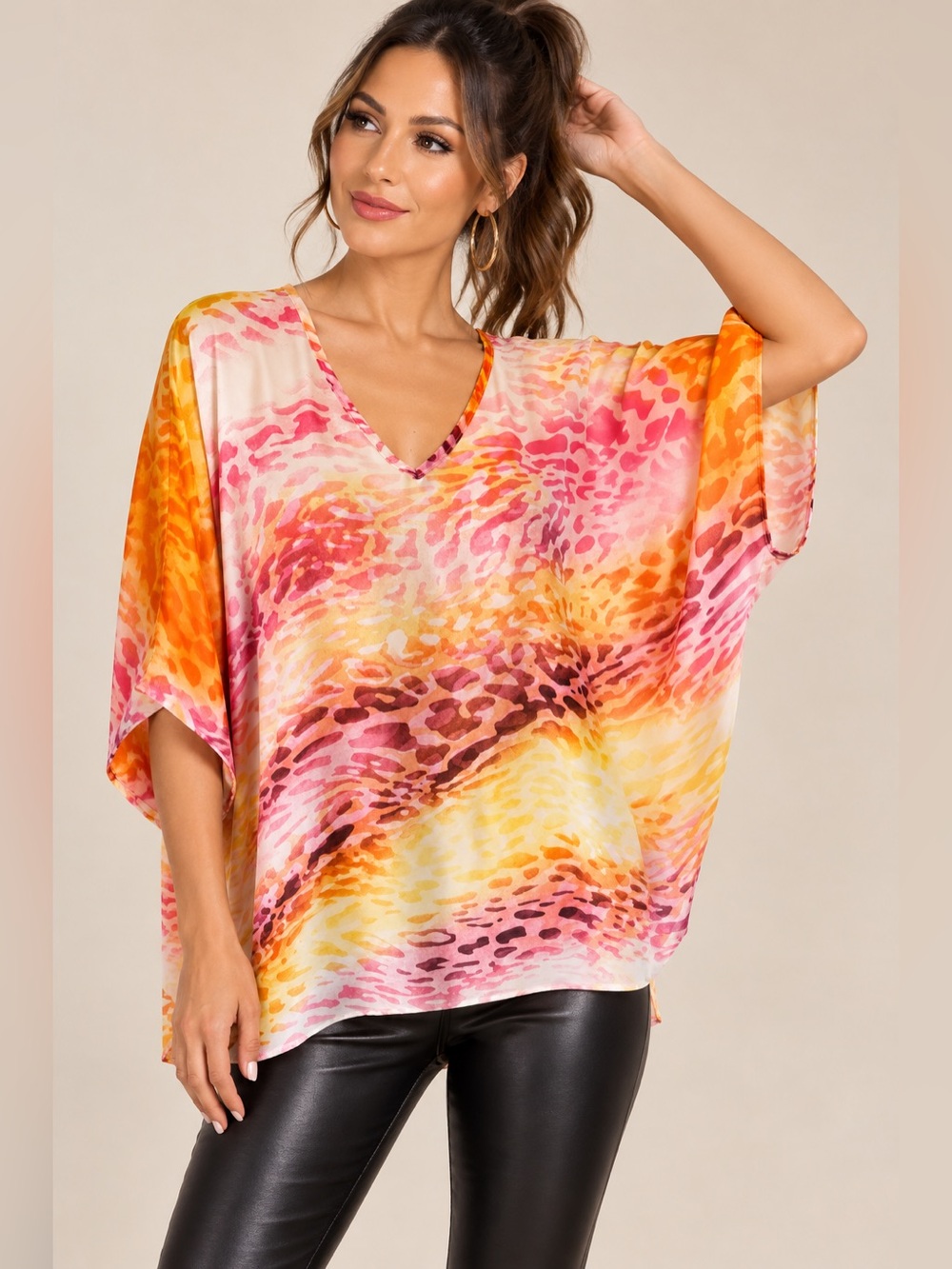 V-Neck Oversized Printed Top - Pink Orange Yellow